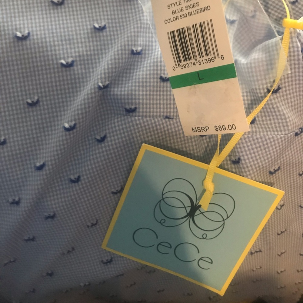 Cece Blue Mini Check Bubble Sleeve Blouse L NEW - Picture 4 of 5